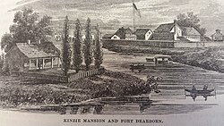 The Kinzie Mansion. Fort Dearborn is in the background. Fort Dearbon.jpg