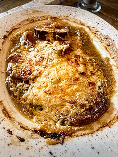 French onion soup Soup based on meat stock and onions