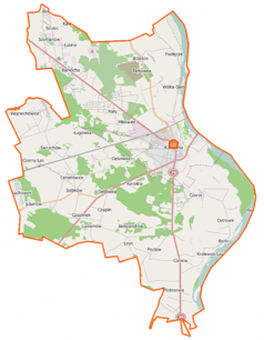 Mapa konturowa gminy Góra Kalwaria, blisko centrum na prawo znajduje się punkt z opisem „Synagoga w Górze Kalwarii”