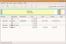 Linux GNOME's partition editor uses IEC prefixes to display partition sizes. The total capacity of the 120 x 10 -byte disk is displayed as "111.79 GiB". GParted 0.3.5 -- 2008, 06.png