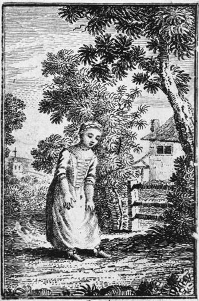 A woodcut of the eponymous Goody Two-Shoes from the 1768 edition of The History of Little Goody Two-Shoes. It was first published in London in 1765.