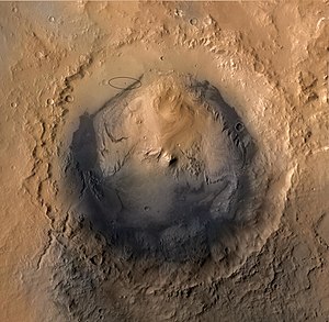 Gale crater with Curiosity landing ellipse (PIA15687).jpg