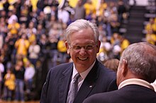 Nixon watches a Missouri Tigers volleyball game at the Hearnes Center, 2013. Gov. Jay Nixon at Hearnes Center.jpg