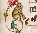 Čeština: Graduál loucký (1499), strana 336, obrázek opice. Vědecká knihovna v Olomouci, signatura M IV 1