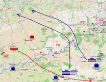 The Allied and French plans of campaign on the Sambre in May 1794. The French had the capture of Mons as their ultimate objective, while the Allies hoped to capture Beaumont and Boussu-lez-Walcourt. The French beat the Allies to the punch by 2 days. GrandrengPrelude.png