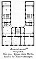 Grundriss eines Berliner Mietshauses um 1896: Nr. 2 zeigt hier ein Berliner Zimmer, das zur Abschrägung der Hof-Innenecke führt und eine Berliner Ecke bildet.