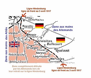 La carte montre qu'Héninel est restée sur la ligne de front de mars 1917 à août 1918.