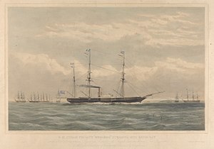 H.M. Steam Frigate Bulldog steaming into Kioge Bay with Her Britannic Majesty's Minister at Copenhagen on board - The Bearer of the Declaration of War with Russia by England (proof) RMG PY0932.jpg