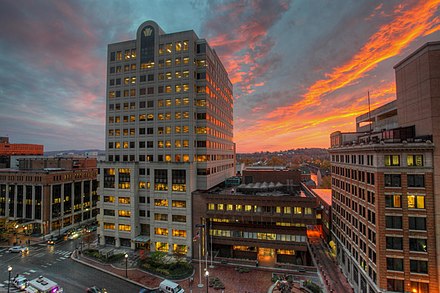 Harrisburg Market Square showing the Penn National Insurance Building (left) and the Rev. Dr. Martin Luther King Jr. City Government Center (right)