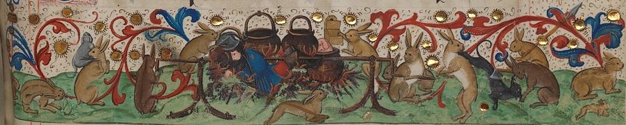 1511. Lapins rôtissant un chasseur à la broche. Lorcher Chorbücher Württembergische Landesbibliothek