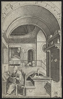 Print of Jerome in his study. Preserved in the Ghent University Library. Hieronymus in zijn studeervertrek.jpg