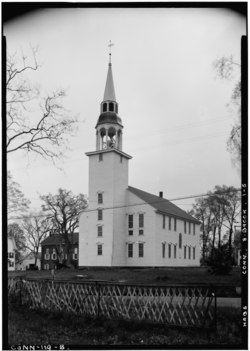 Historic American Buildings Survey (Fed.) Stanley P. Mixon, Photographer May 16, 1940 (B) EXTERIOR, GENERAL VIEW OF EAST (TOWER) END AND NORTH SIDE - Unitarian Church, Brooklyn, HABS CONN,8-BROOK,1-5.tif