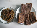 Hkaw bouk - dried cakes of ngacheik glutinous rice with Bombay duck, both fried
