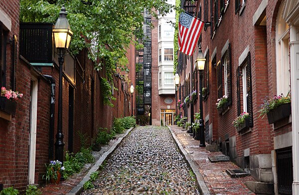 Window boxes on cobblestoned Acorn Street