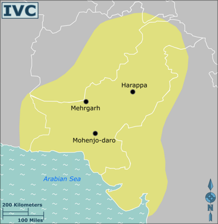 Indus Valley Civilisation in yellow<br>Current national borders in white