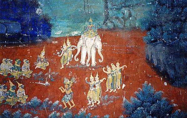 A scene depicting Indra on his mount, Airavata.