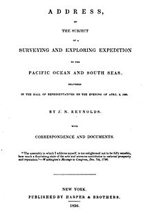 Address on the Subject of a Surveying and Exploring Expedition to the Pacific Ocean and the South Seas (1836) by explorer J. N. Reynolds was a heavy influence on Poe's novel. JNReynolds Address.jpg