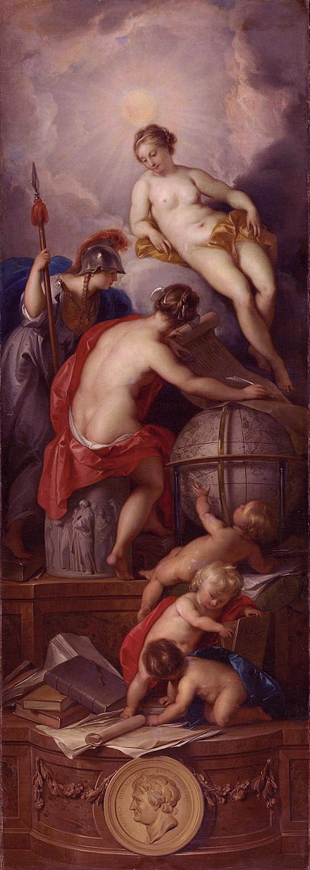 Allegory on writing history by Jacob de Wit (1754). An almost naked Truth keeps an eye on the writer of history. Pallas Athena (Wisdom) on left gives advice.