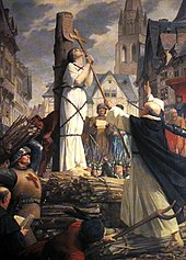 Joan of Arc burning at the stake in the city of Rouen, painting by Jules Eugene Lenepveu Joan of arc burning at stake.jpg