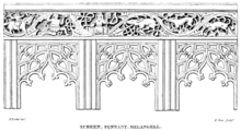 Black and white sketch of the rood screen by John Parker, showing the carving of Melangell, the hare, and the prince.