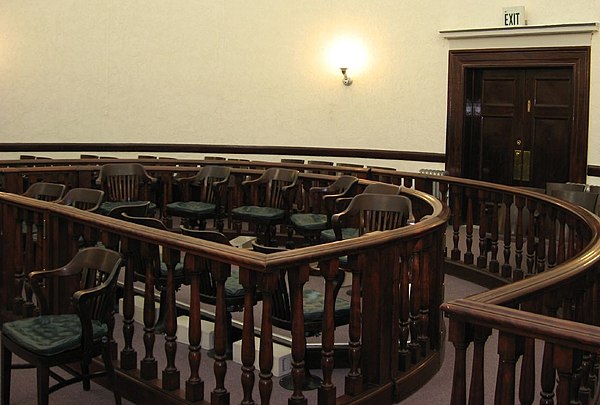 An empty jury box at an American courtroom in Pershing County, Nevada