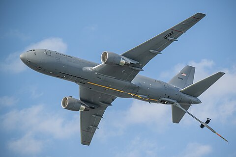 A U.S. Air Force KC-46 Pegasus performs an aerial demonstration as part of the annual Thunder Over Louisville air show