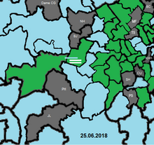 Seats of opposing MPs in green, supporting in light blue (and 12 absent or abstaining in grey) in this map of c. 30 miles, square, on 25 June 2018 LHR runway 3 nat. aviation policy 25 June 2018 division of local MPs.png