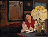 L.A. Ring: Lampelys. Interiør med kunstnerens hustru (deutsch Lampenlicht. Interieur mit der Frau des Künstlers), 1898, Statens Museum for Kunst Leuchte ist eine Kähler-Keramik[5]