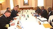 U.S. Secretary of State Colin Powell and President of Zambia Levy Mwanawasa meet in New York City during the 59th UN General Assembly. Levy Mwanawasa and Colin Powell 2004-09-23.jpg