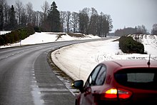 Fir hedges as living snow fences Living snow fences (left and right) on the Piibe highway in Estonia (December 2022).jpg