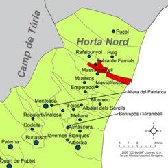 Localización de Puebla de Farnals respecto a la comarca de la Huerta Norte