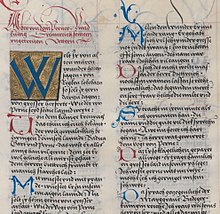 Lombardic capitals in a manuscript (the Ambraser Heldenbuch, fol. 75v, c. 1516) Lombardic capitals Ambraser Heldenbuch folio 75v.jpg