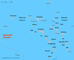 बिकिनी एटोल दर्साइएको मार्सल द्वीपको नक्साको अवस्थिति