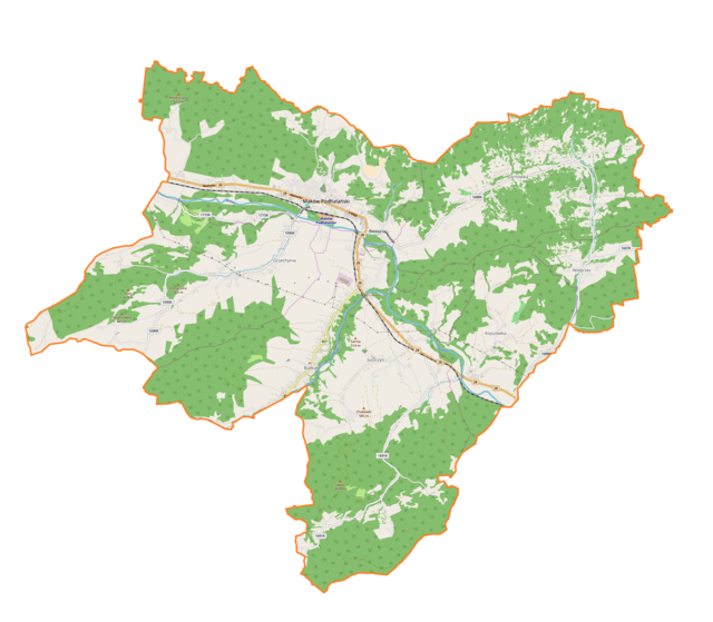 Mapa konturowa gminy Maków Podhalański, blisko centrum u góry znajduje się punkt z opisem „Maków Podhalański”