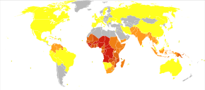 Deaths due to malaria per million persons in 2012
.mw-parser-output .refbegin{font-size:90%;margin-bottom:0.5em}.mw-parser-output .refbegin-hanging-indents>ul{margin-left:0}.mw-parser-output .refbegin-hanging-indents>ul>li{margin-left:0;padding-left:3.2em;text-indent:-3.2em}.mw-parser-output .refbegin-hanging-indents ul,.mw-parser-output .refbegin-hanging-indents ul li{list-style:none}@media(max-width:720px){.mw-parser-output .refbegin-hanging-indents>ul>li{padding-left:1.6em;text-indent:-1.6em}}.mw-parser-output .refbegin-columns{margin-top:0.3em}.mw-parser-output .refbegin-columns ul{margin-top:0}.mw-parser-output .refbegin-columns li{page-break-inside:avoid;break-inside:avoid-column}
0-0
1-2
3-54
55-325
326-679
680-949
950-1,358 Malaria world map-Deaths per million persons-WHO2012.svg