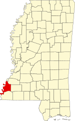 Mapa de Mississippi destacando el condado de Adams