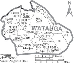 Map of Watauga County, North Carolina With Municipal and Township Labels
