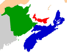 The Maritimes: New Brunswick (green), Nova Scotia (blue) and Prince Edward Island (red) Maritimes.png