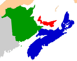New Brunswick (groen), Nova Scotia (blauw) and Prins Edwardeiland (rood)