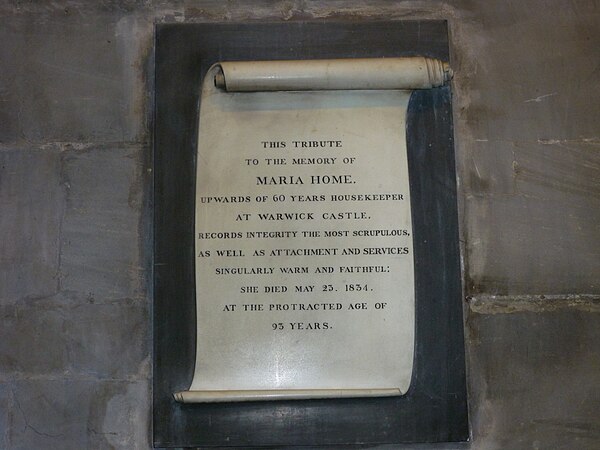 Memorial valuing the work of Maria Home, the servant in Warwick Castle (1834)