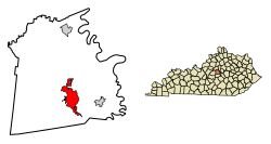 Locatie van Harrodsburg in Mercer County, Kentucky.