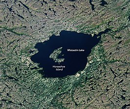 Satellietbeeld van het in de Mistastinkrater gelegen Mistastin Lake