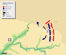 Ziua 6 faza 3, arătând cavaleria lui Khalid a trimis cavaleria bizantină în afara terenului și atacând centrul stânga bizantin în spatele ei.