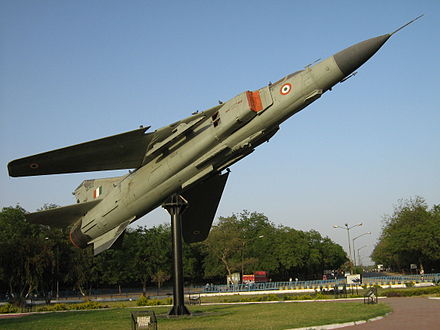 An Indian MiG-23MF on display at a crossroads in Gandhinagar.