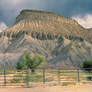 View of Mount Garfield looking north from Palisade, Colorado in July 2020.