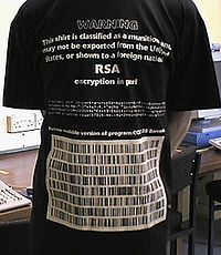 Back's "Munitions" T-shirt featured computer code that was considered to be a weapon in the United States. Munitions T-shirt (front).jpg