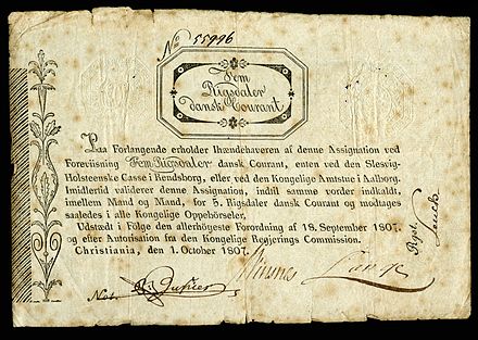 Unusual backslanted oblique lettering on a Norwegian banknote of 1807.
