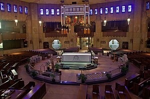 The octagonal nave from the balcony with the chapel entrance visible in the rear National Shrine of the Little Flower (Royal Oak, MI) - nave, view from balcony.jpg