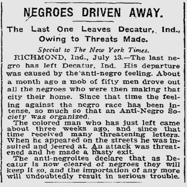 New York Times article detailing the last Black man to be forcefully driven out of Decatur, Indiana.