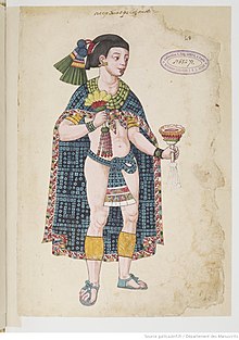 Nezahualpilli, ruler of Texcoco, depicted in the Codex Ixtlilxochitl wearing xiuhtilmatli (blue cape), maxtlatl, and cactli. Nezahualpiltzintli.jpg